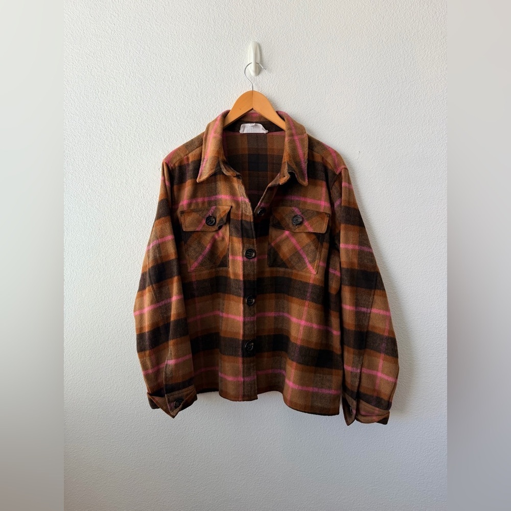 BB Dakota By Steve Madden Shacket Women’s Brown Pink Buffalo Plaid Boxy Size XXL